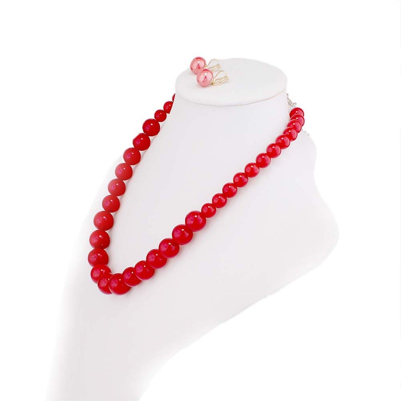 GRACE JUN Bridal Wedding Faux Pearl Statement Necklace and Clip on Earrings Jewelry Sets Women Bib Choker Necklace (Red) - Image 2